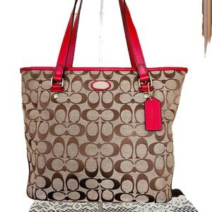 Coach Signature Khaki & Red Leather Medium Handbag Satchel Purse